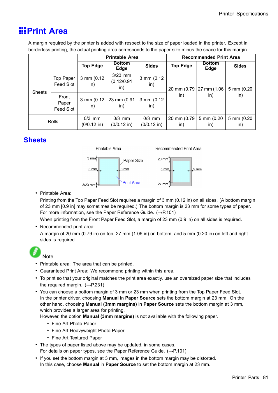 Print area, Sheets | Canon imagePROGRAF iPF605 User Manual | Page 95 / 578