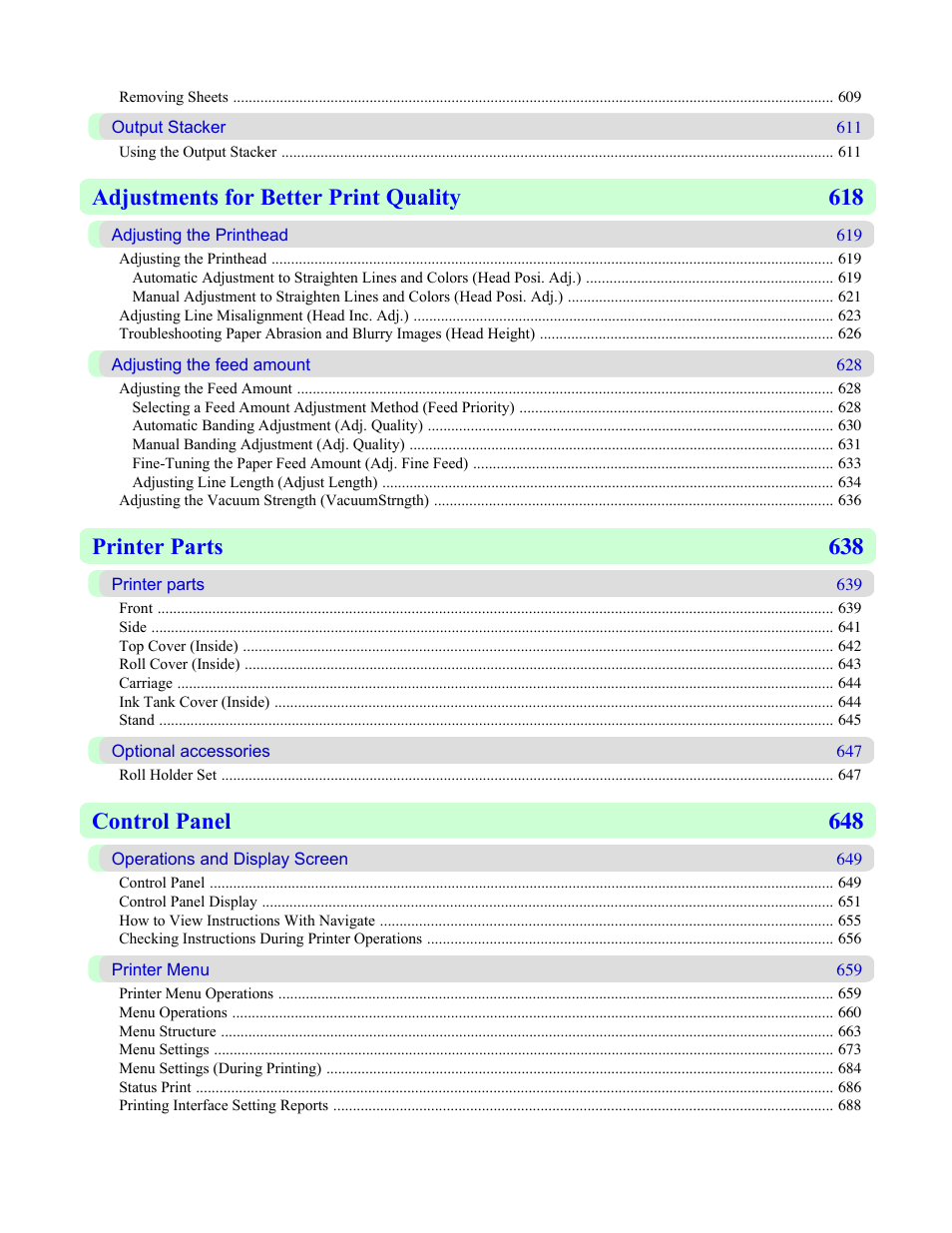 Adjustments for better print quality 618, Printer parts 638, Control panel 648 | Canon imagePROGRAF iPF750 MFP M40 User Manual | Page 11 / 878