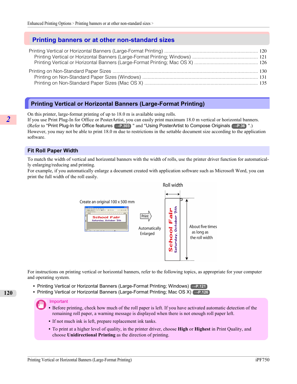 Printing banners or at other non-standard sizes, P.120 | Canon imagePROGRAF iPF750 MFP M40 User Manual | Page 136 / 878