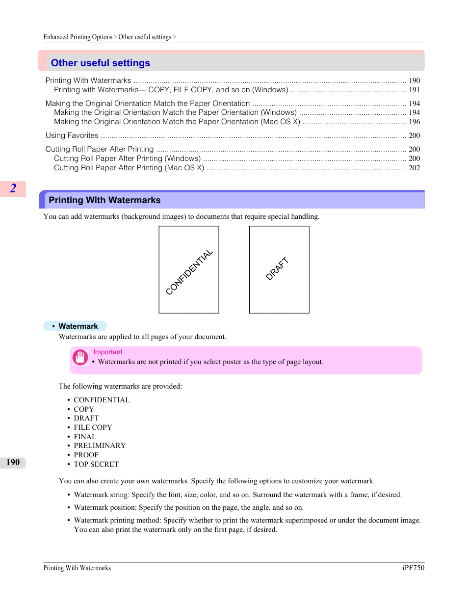 Other useful settings, Printing with watermarks | Canon imagePROGRAF iPF750 MFP M40 User Manual | Page 206 / 878
