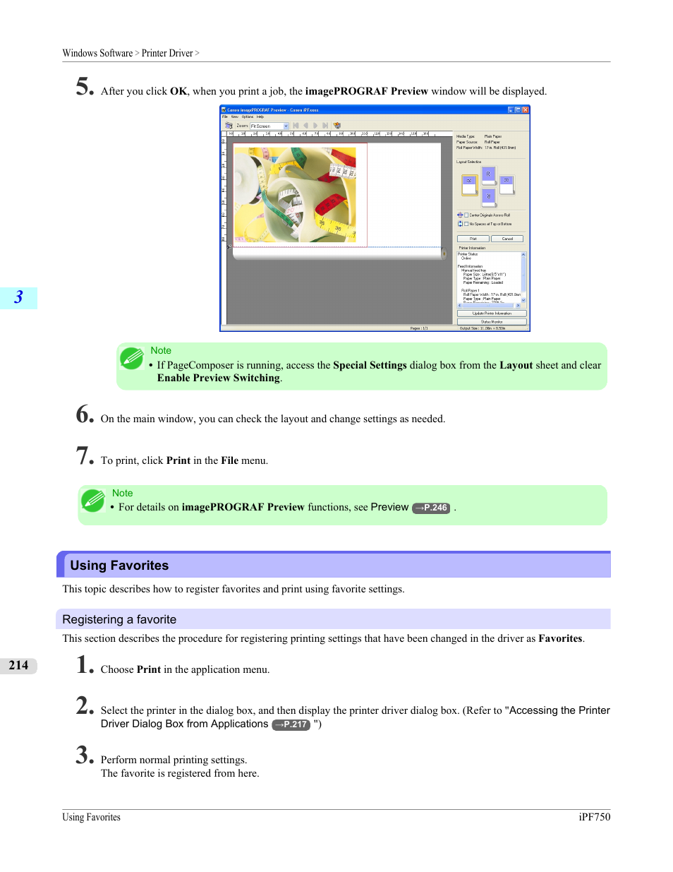Using favorites, Using favorites(windows), P.214 | Canon imagePROGRAF iPF750 MFP M40 User Manual | Page 230 / 878