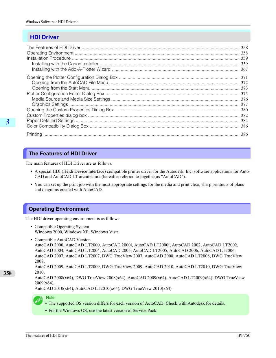 Hdi driver, The features of hdi driver, Operating environment | The features of hdi driver operating environment, For details on the hdi driver, see the hdi driver, P.358 | Canon imagePROGRAF iPF750 MFP M40 User Manual | Page 374 / 878