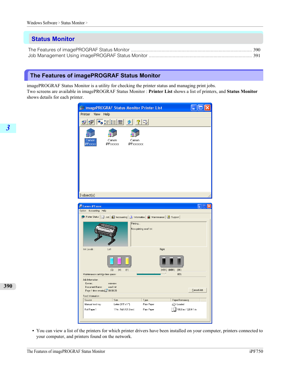 Status monitor, The features of imageprograf status monitor | Canon imagePROGRAF iPF750 MFP M40 User Manual | Page 406 / 878