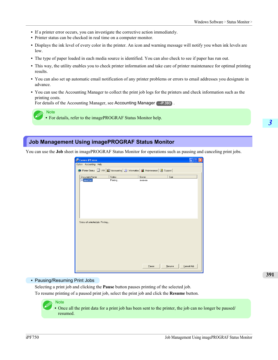 Job management using imageprograf status monitor | Canon imagePROGRAF iPF750 MFP M40 User Manual | Page 407 / 878