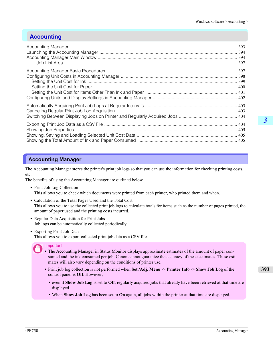 Accounting, Accounting manager | Canon imagePROGRAF iPF750 MFP M40 User Manual | Page 409 / 878