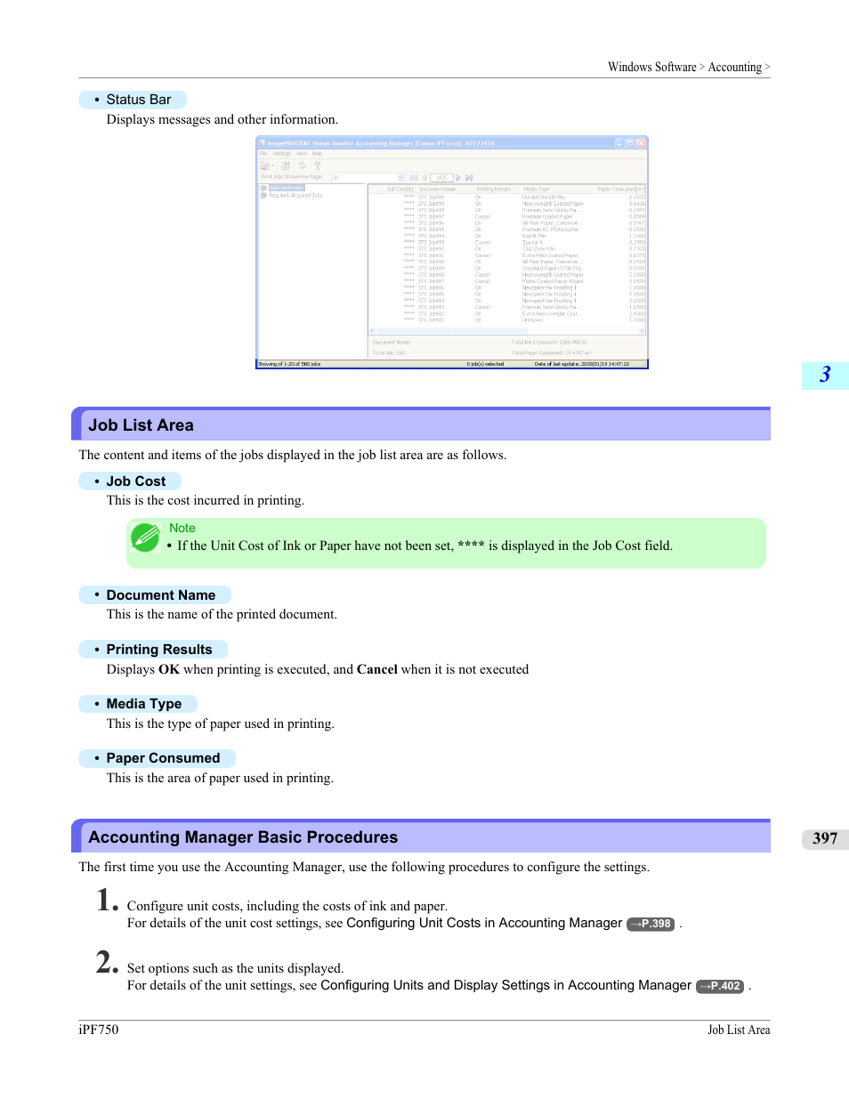 Job list area, Accounting manager basic procedures | Canon imagePROGRAF iPF750 MFP M40 User Manual | Page 413 / 878
