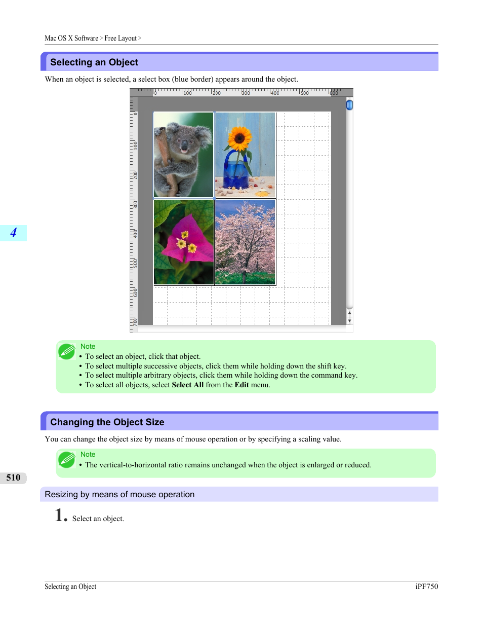 Selecting an object, Changing the object size, Selecting an object changing the object size | Canon imagePROGRAF iPF750 MFP M40 User Manual | Page 526 / 878