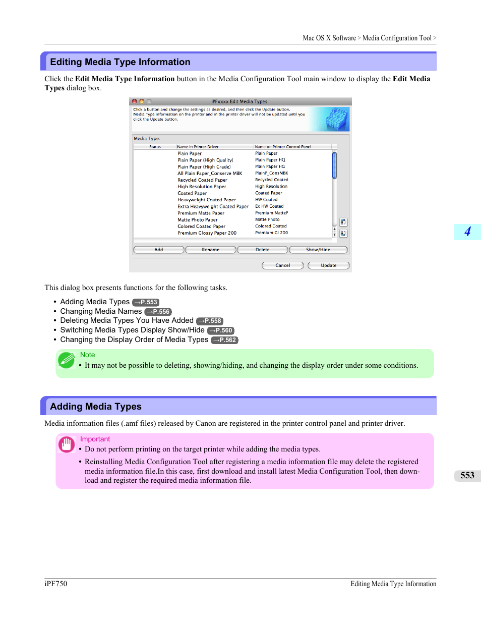 Editing media type information, Adding media types, See "editing media type information | P.553 | Canon imagePROGRAF iPF750 MFP M40 User Manual | Page 569 / 878