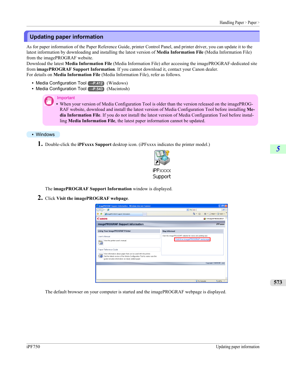 Updating paper information, See "updating paper information."), P.573 | Canon imagePROGRAF iPF750 MFP M40 User Manual | Page 589 / 878