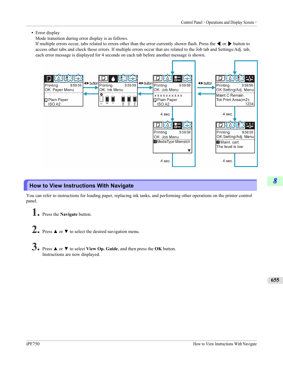 How to view instructions with navigate, See "how to view instruc, Tions with navigate.") | P.655 | Canon imagePROGRAF iPF750 MFP M40 User Manual | Page 671 / 878