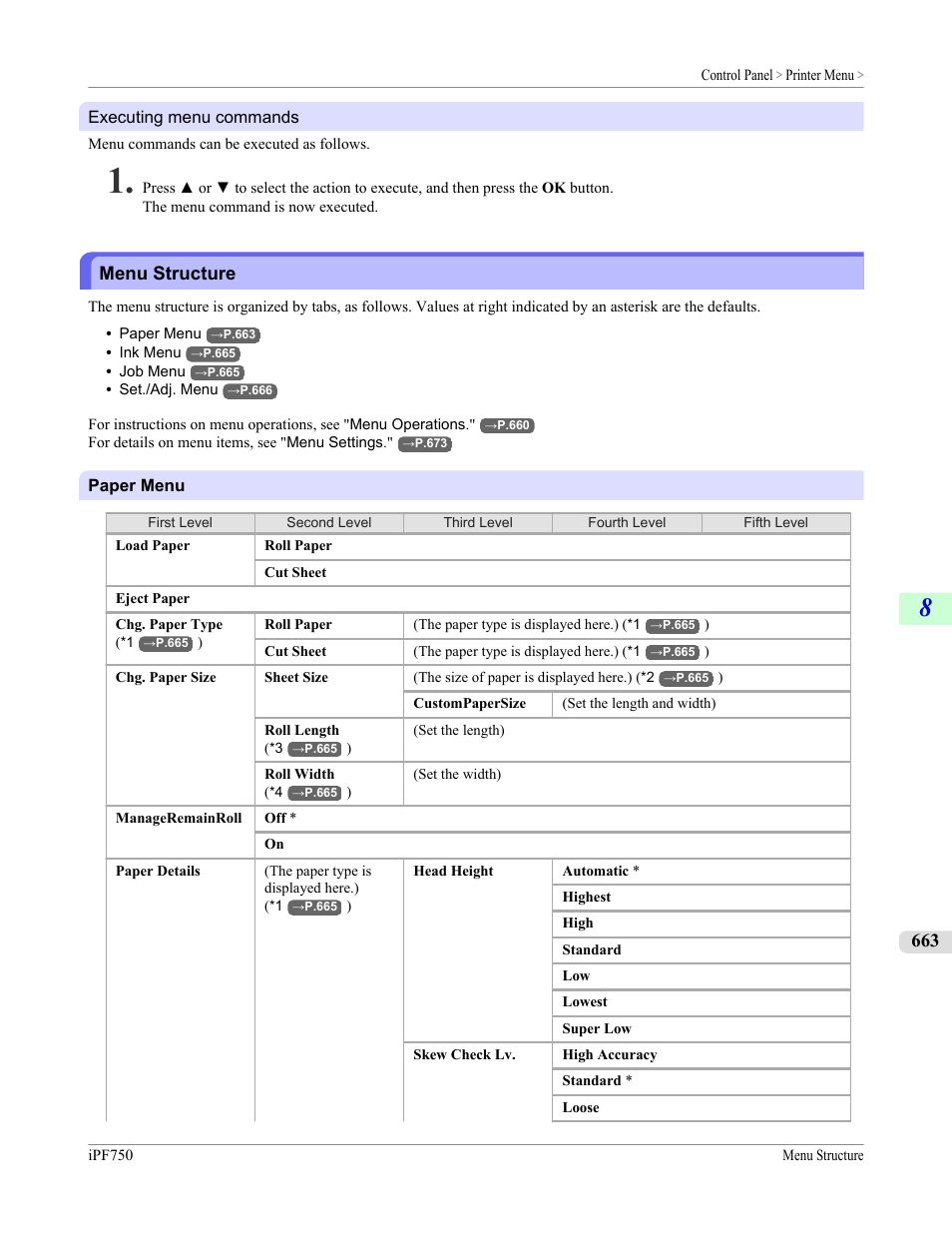 Menu structure, Executing menu commands, P.663 | Canon imagePROGRAF iPF750 MFP M40 User Manual | Page 679 / 878