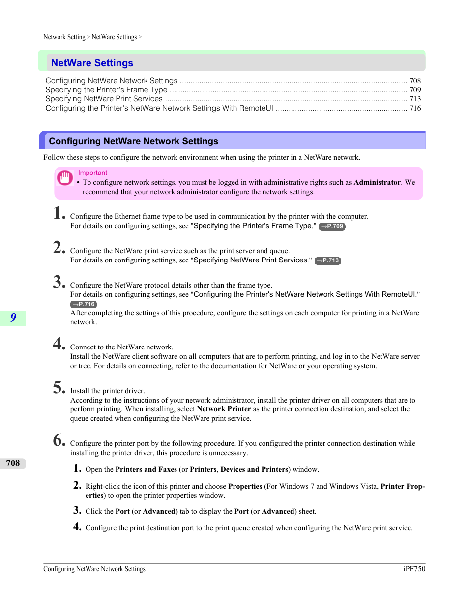 Netware settings, Configuring netware network settings | Canon imagePROGRAF iPF750 MFP M40 User Manual | Page 724 / 878