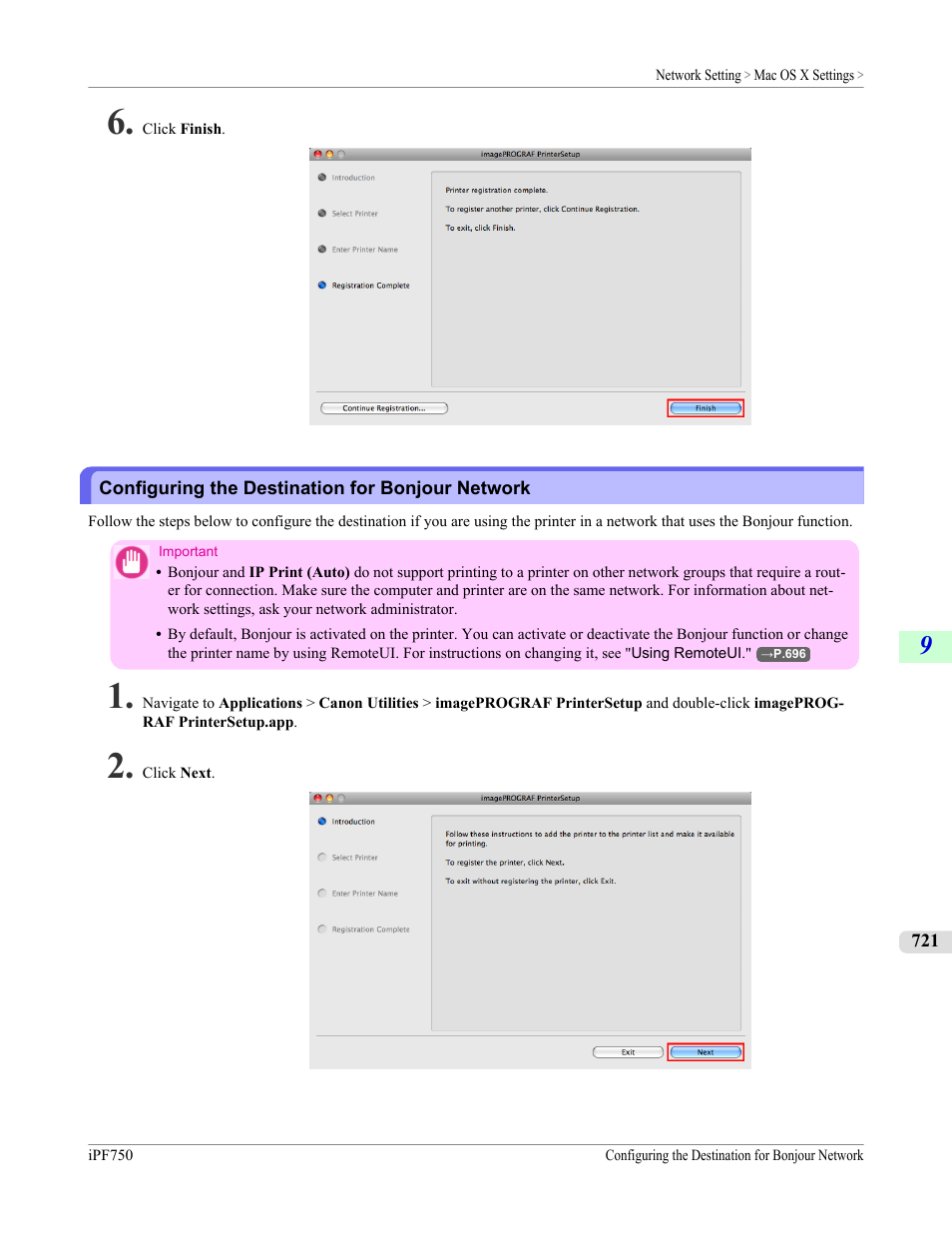 Configuring the destination for bonjour network, P.721 | Canon imagePROGRAF iPF750 MFP M40 User Manual | Page 737 / 878