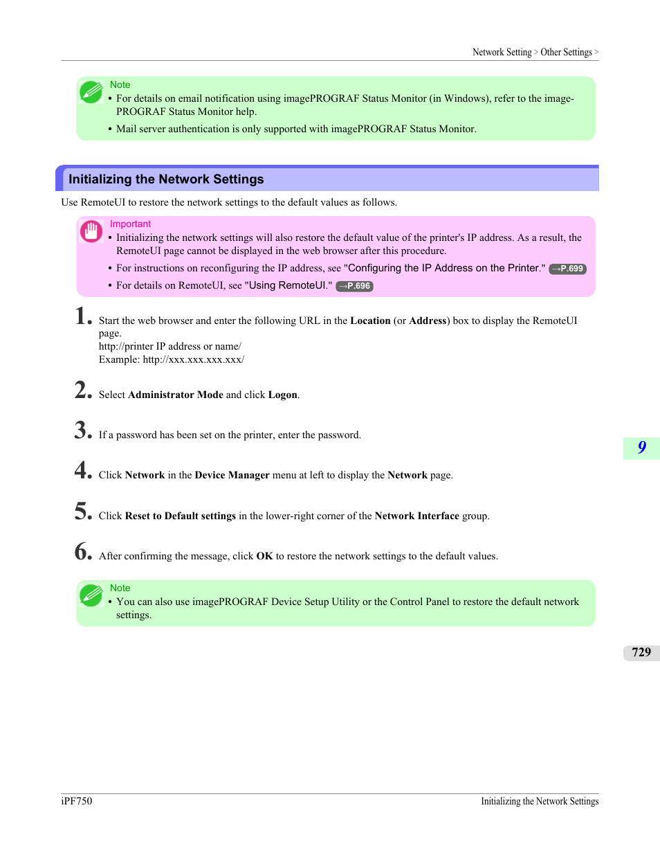 Initializing the network settings | Canon imagePROGRAF iPF750 MFP M40 User Manual | Page 745 / 878