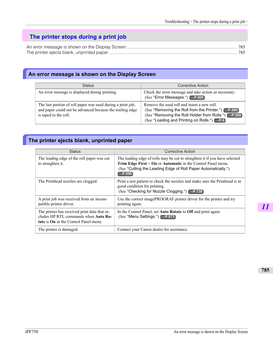 The printer stops during a print job, An error message is shown on the display screen, The printer ejects blank, unprinted paper | Canon imagePROGRAF iPF750 MFP M40 User Manual | Page 801 / 878