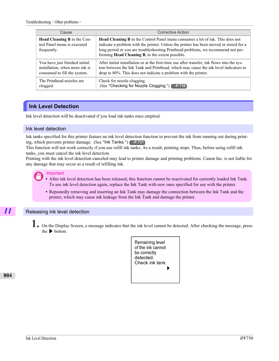 Ink level detection | Canon imagePROGRAF iPF750 MFP M40 User Manual | Page 820 / 878