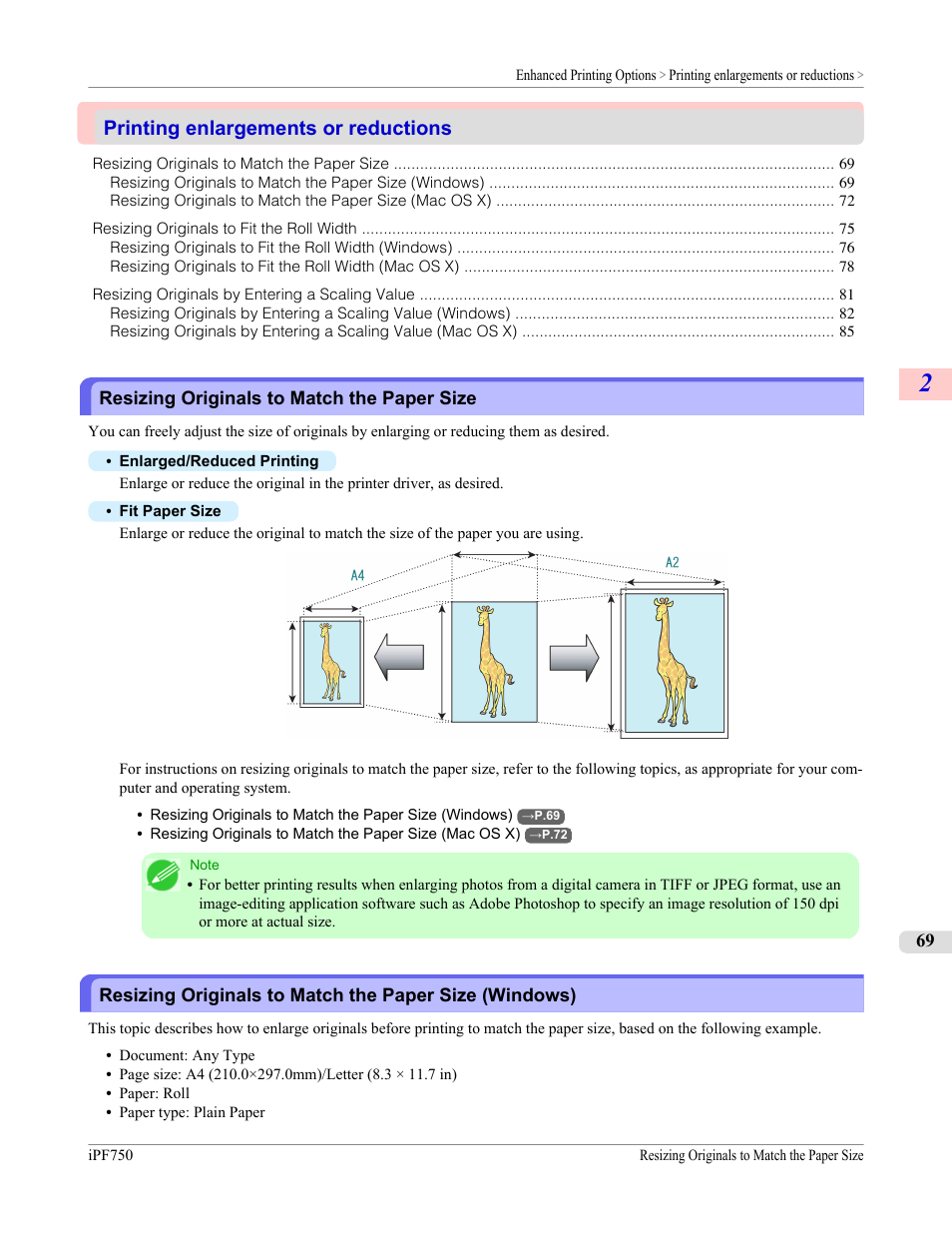 Printing enlargements or reductions, Resizing originals to match the paper size, See "resizing originals to match the paper size.") | P.69 | Canon imagePROGRAF iPF750 MFP M40 User Manual | Page 85 / 878