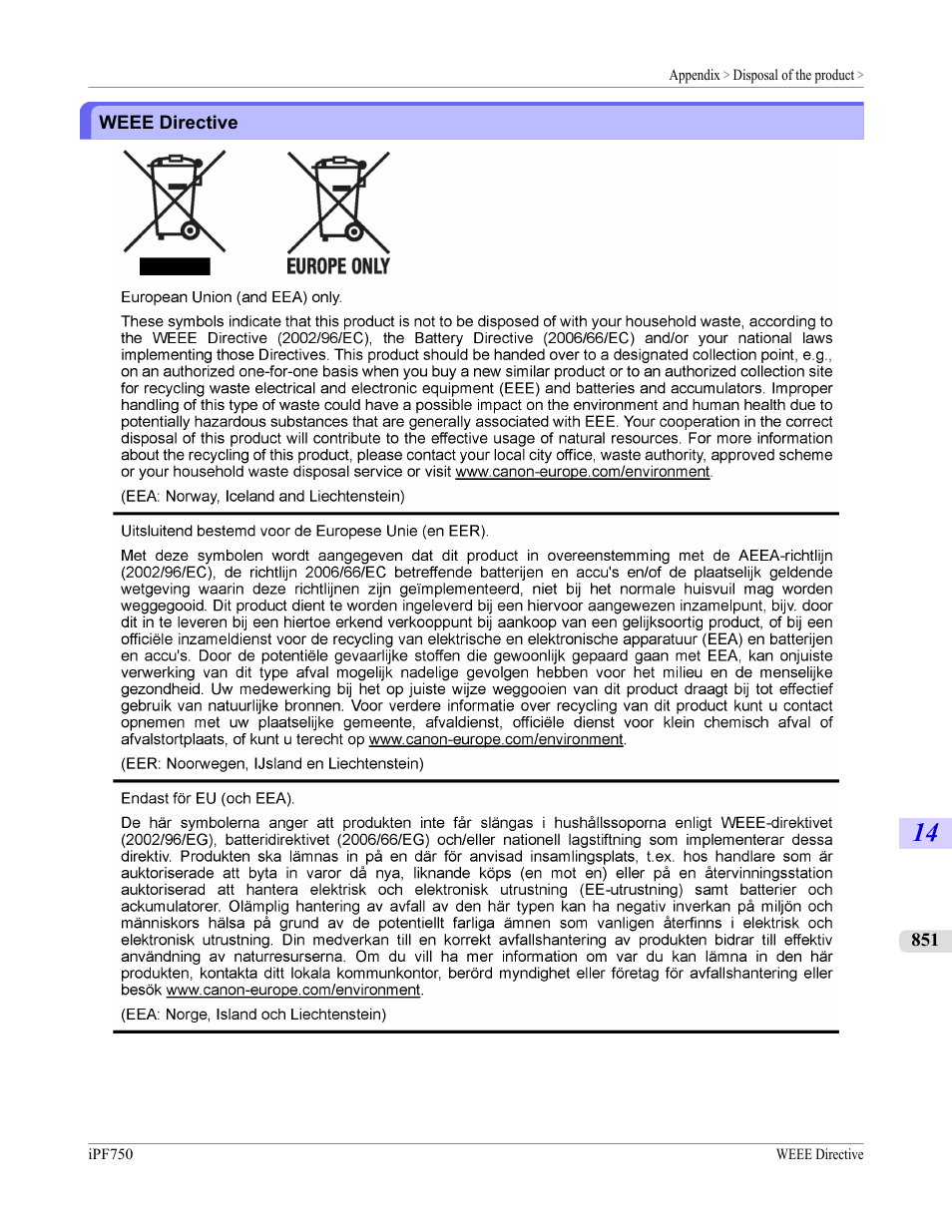 Weee directive | Canon imagePROGRAF iPF750 MFP M40 User Manual | Page 867 / 878