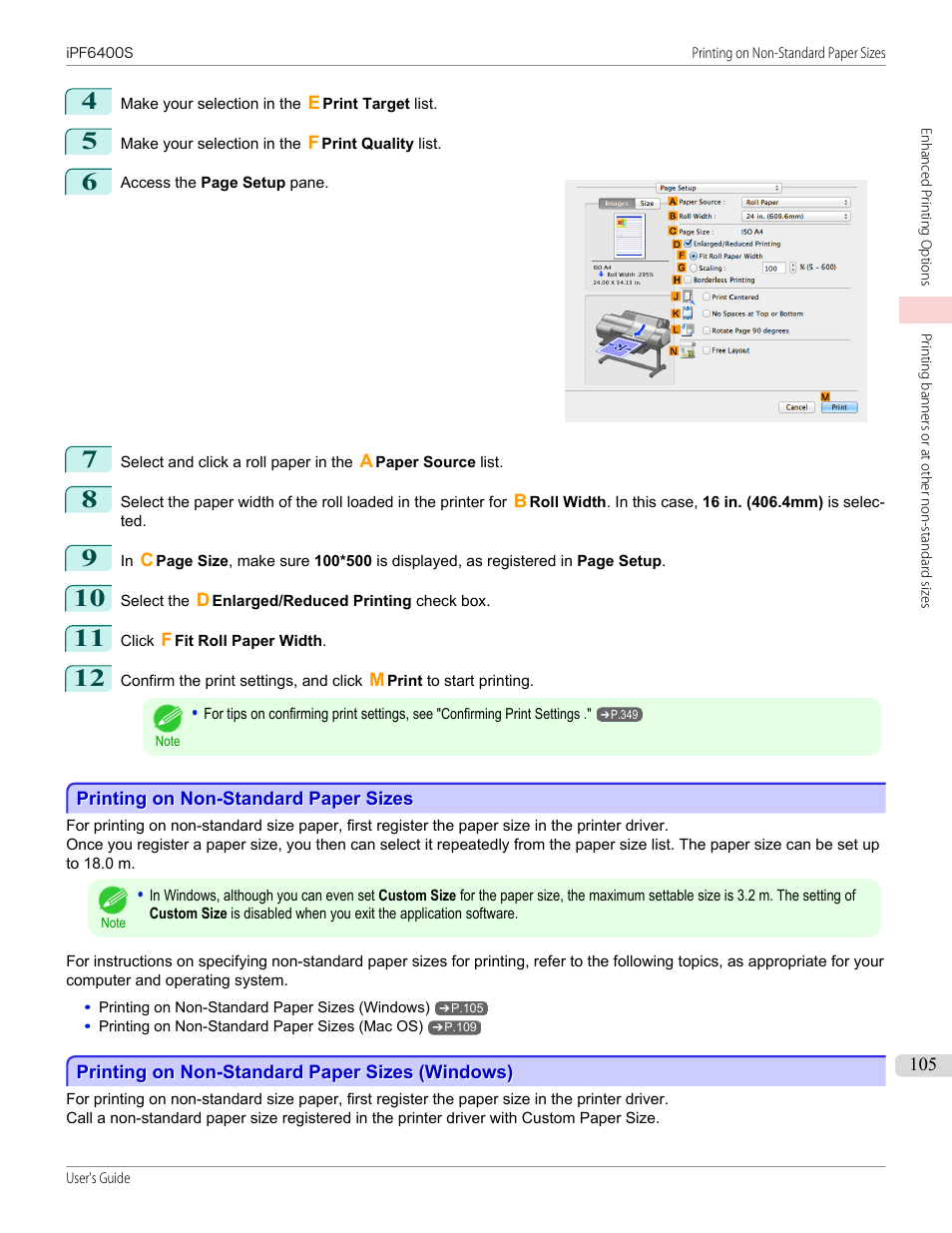 Printing on non-standard paper sizes, Printing on non-standard paper sizes (windows), See "printing on non-standard paper sizes.") | P.105, See "printing on non-standard paper sizes | Canon imagePROGRAF iPF6400S User Manual | Page 105 / 1022