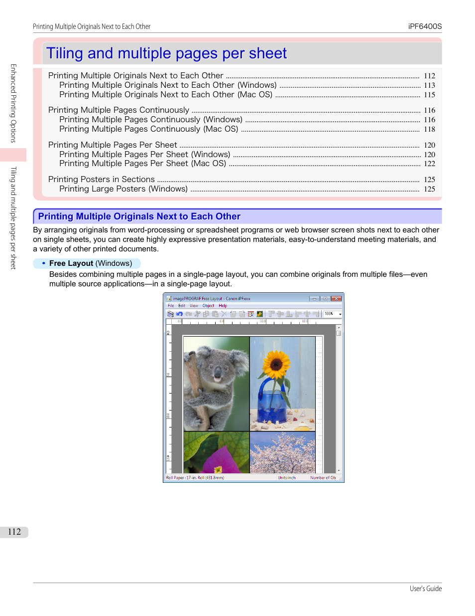 Printing multiple originals next to each other, P.112, Tiling and multiple pages per sheet | Canon imagePROGRAF iPF6400S User Manual | Page 112 / 1022