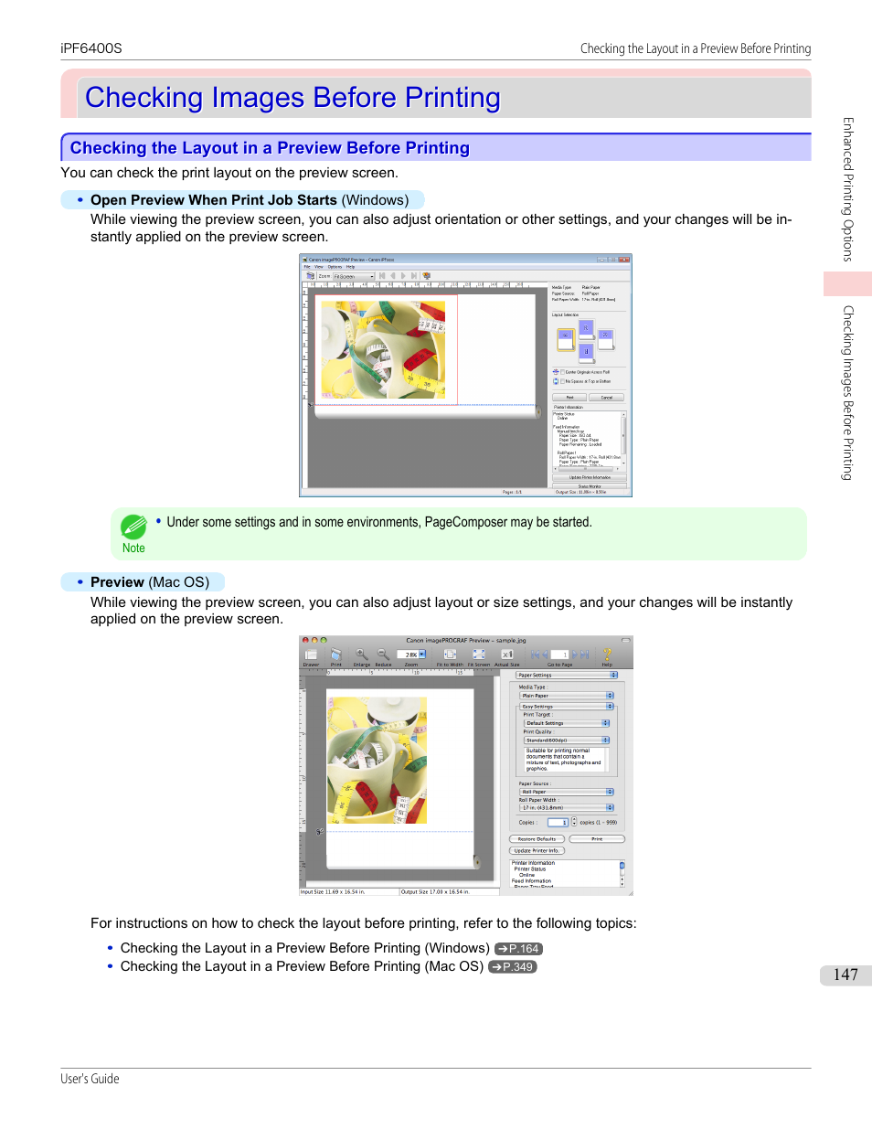 Checking images before printing, Checking the layout in a preview before printing | Canon imagePROGRAF iPF6400S User Manual | Page 147 / 1022