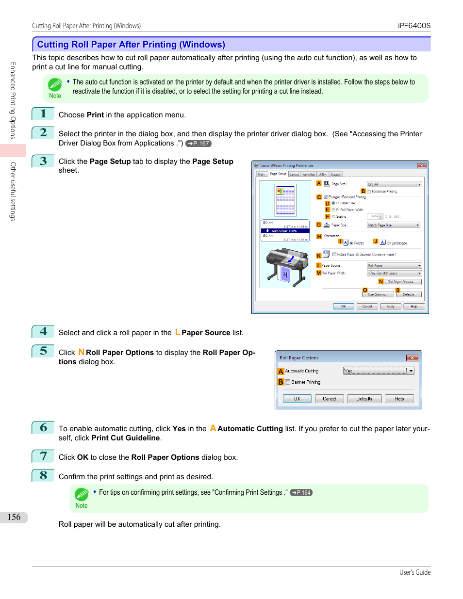 Cutting roll paper after printing (windows), P.156 | Canon imagePROGRAF iPF6400S User Manual | Page 156 / 1022