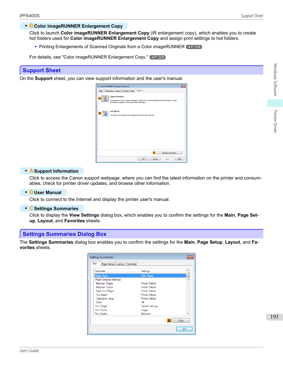 Support sheet, Settings summaries dialog box, P.193 | Canon imagePROGRAF iPF6400S User Manual | Page 193 / 1022