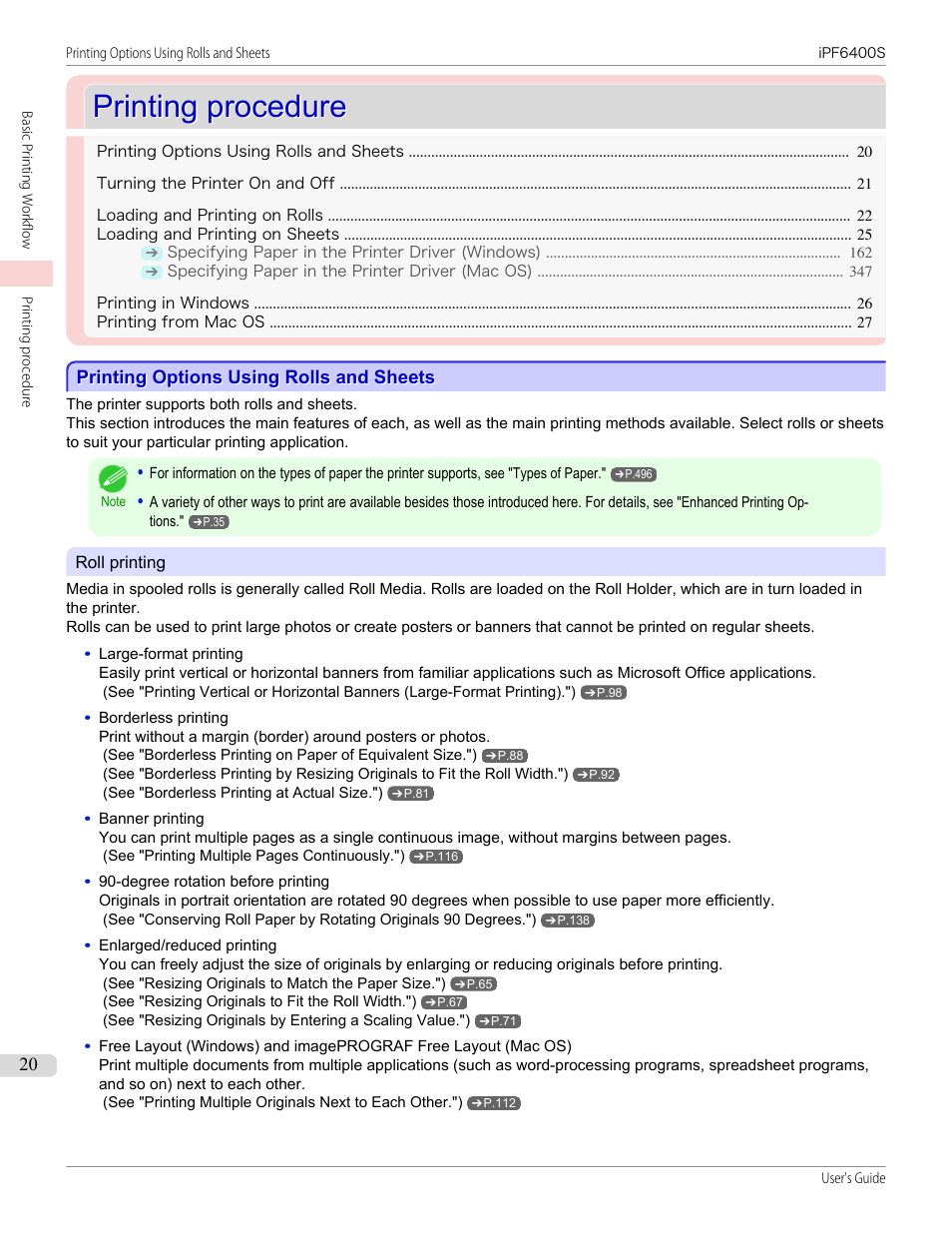 Printing procedure, Printing options using rolls and sheets | Canon imagePROGRAF iPF6400S User Manual | Page 20 / 1022