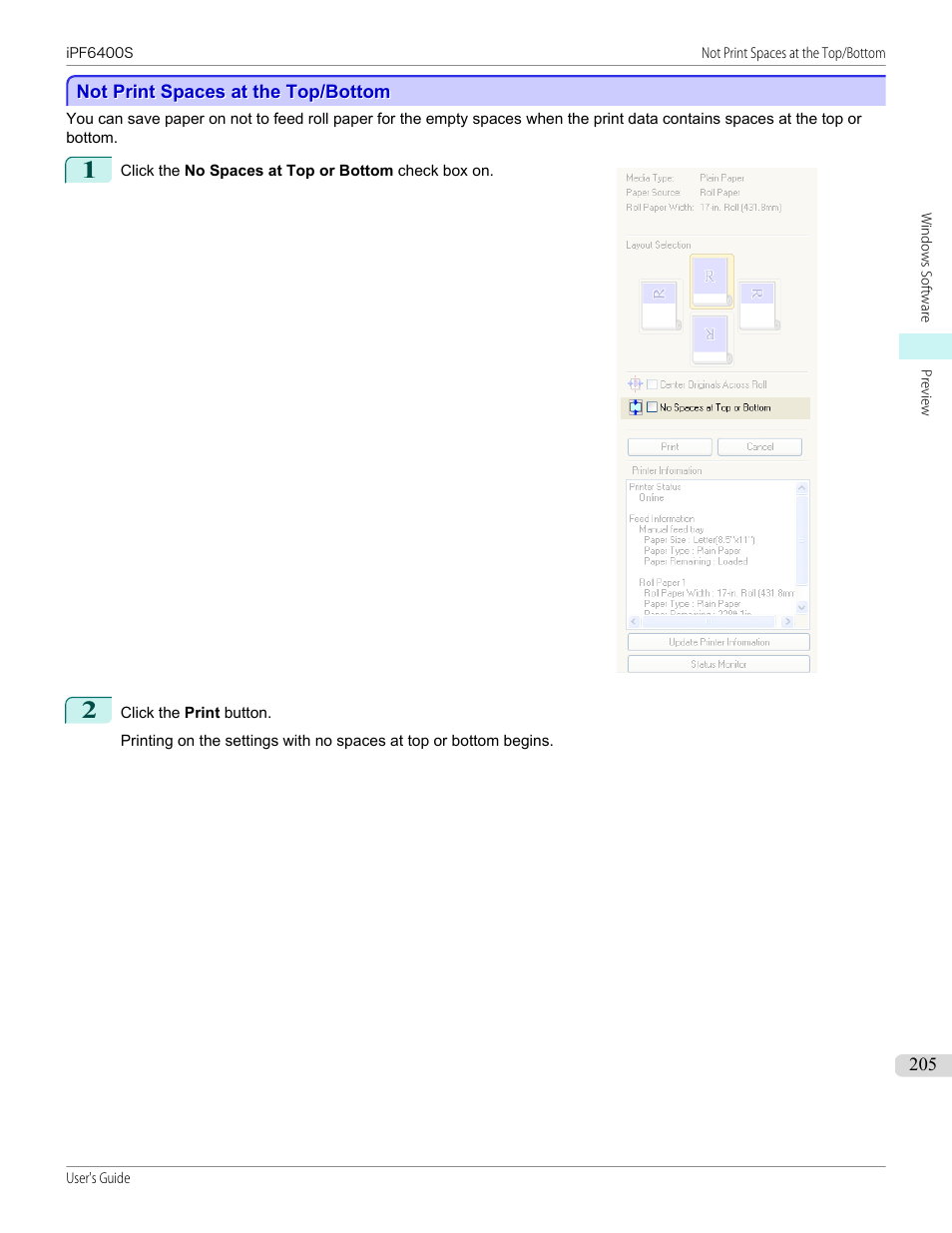 Not print spaces at the top/bottom, See "not print spaces at the top/bottom, P.205 | Canon imagePROGRAF iPF6400S User Manual | Page 205 / 1022