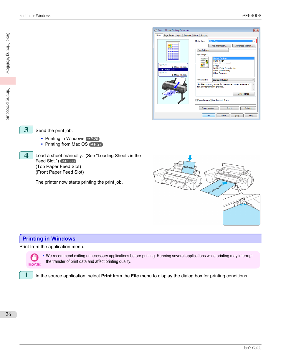 Printing in windows, P.26 | Canon imagePROGRAF iPF6400S User Manual | Page 26 / 1022