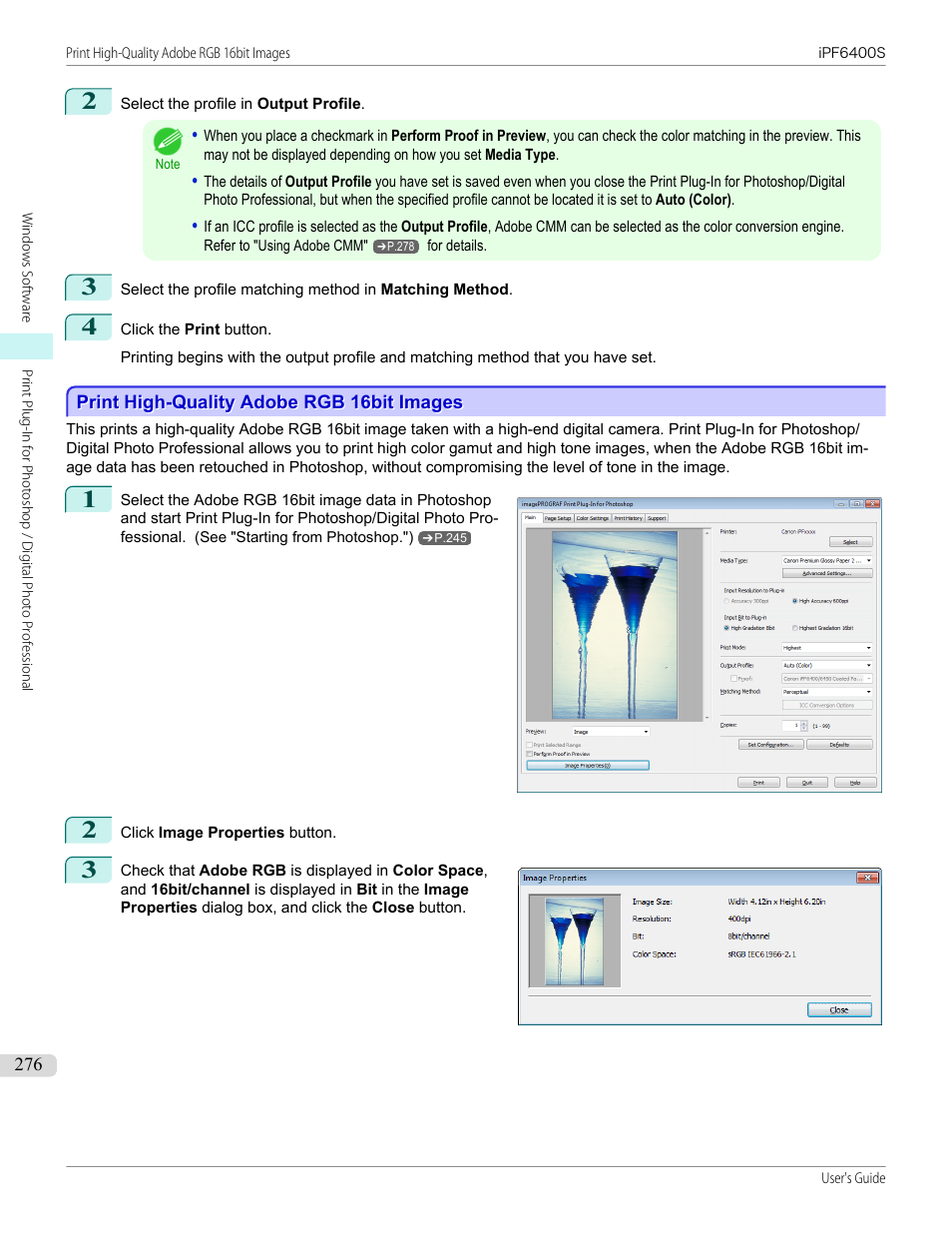 Print high-quality adobe rgb 16bit images, P.276 | Canon imagePROGRAF iPF6400S User Manual | Page 276 / 1022