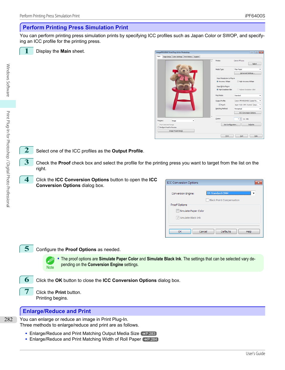 Perform printing press simulation print, Enlarge/reduce and print, P.282 | Canon imagePROGRAF iPF6400S User Manual | Page 282 / 1022