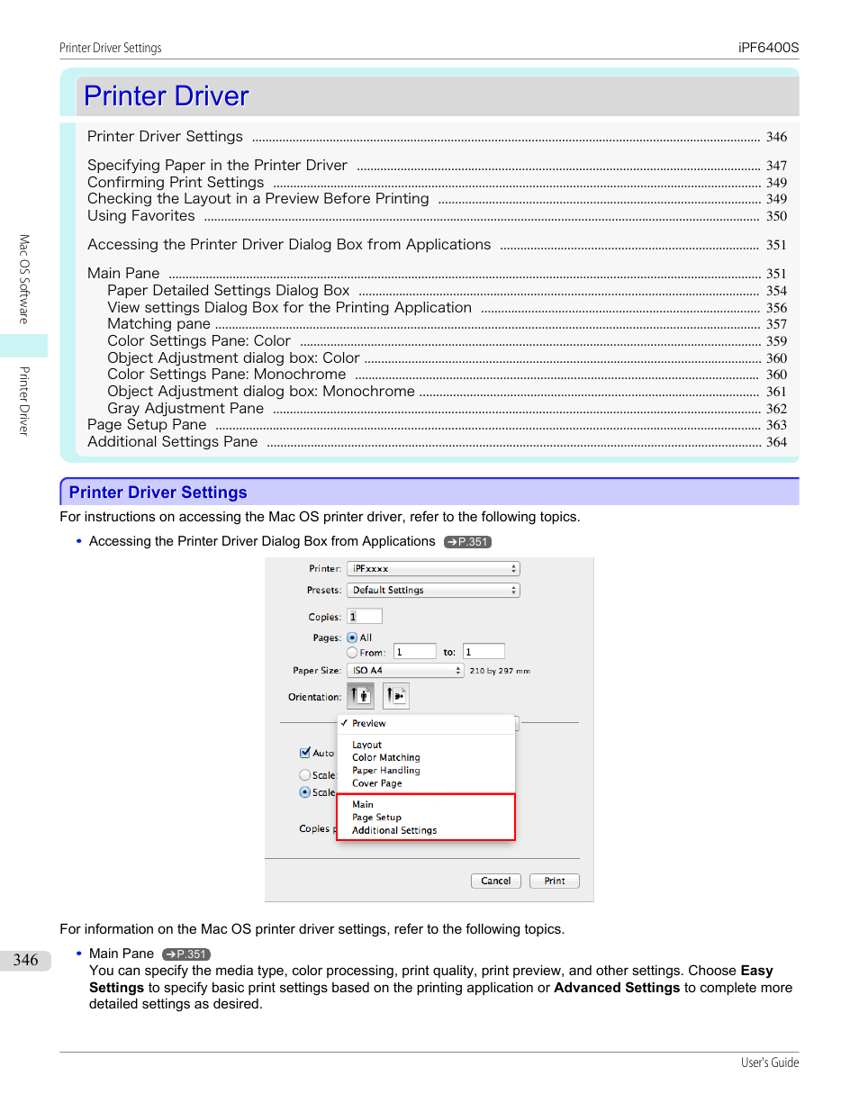 Printer driver, Printer driver settings, See "printer driver settings | P.346 | Canon imagePROGRAF iPF6400S User Manual | Page 346 / 1022
