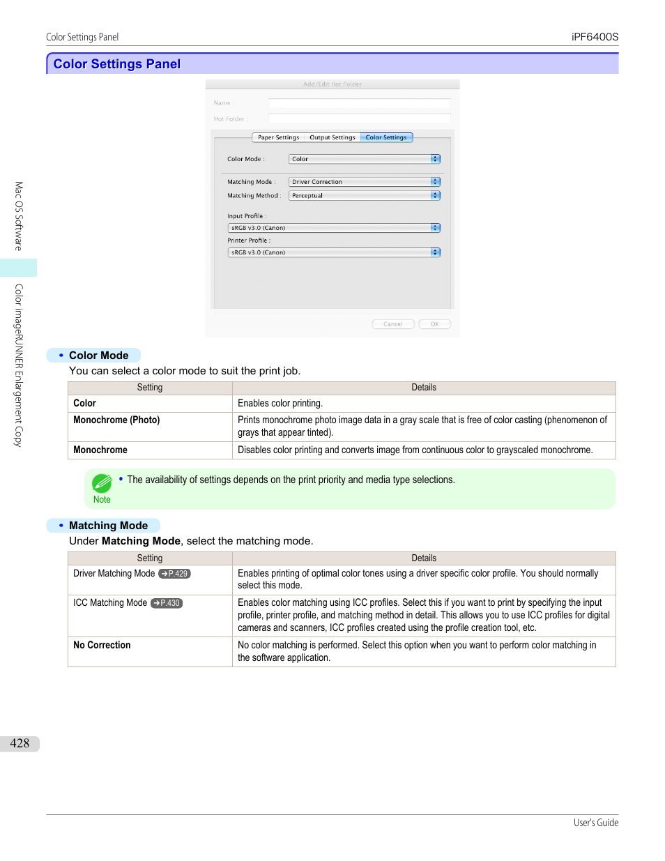 Color settings panel, P.428 | Canon imagePROGRAF iPF6400S User Manual | Page 428 / 1022
