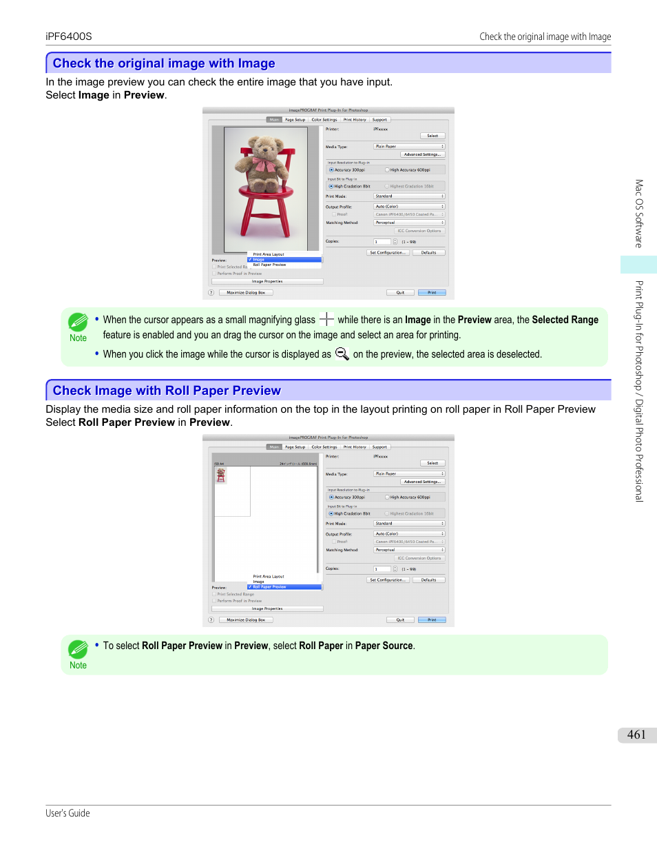 Check the original image with image, Check image with roll paper preview, P.461 | Canon imagePROGRAF iPF6400S User Manual | Page 461 / 1022