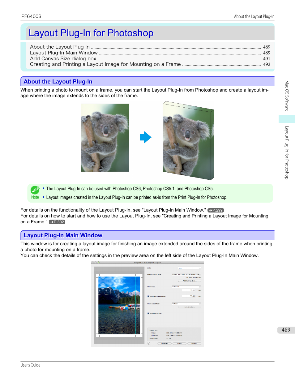 Layout plug-in for photoshop, About the layout plug-in, Layout plug-in main window | P.489 | Canon imagePROGRAF iPF6400S User Manual | Page 489 / 1022