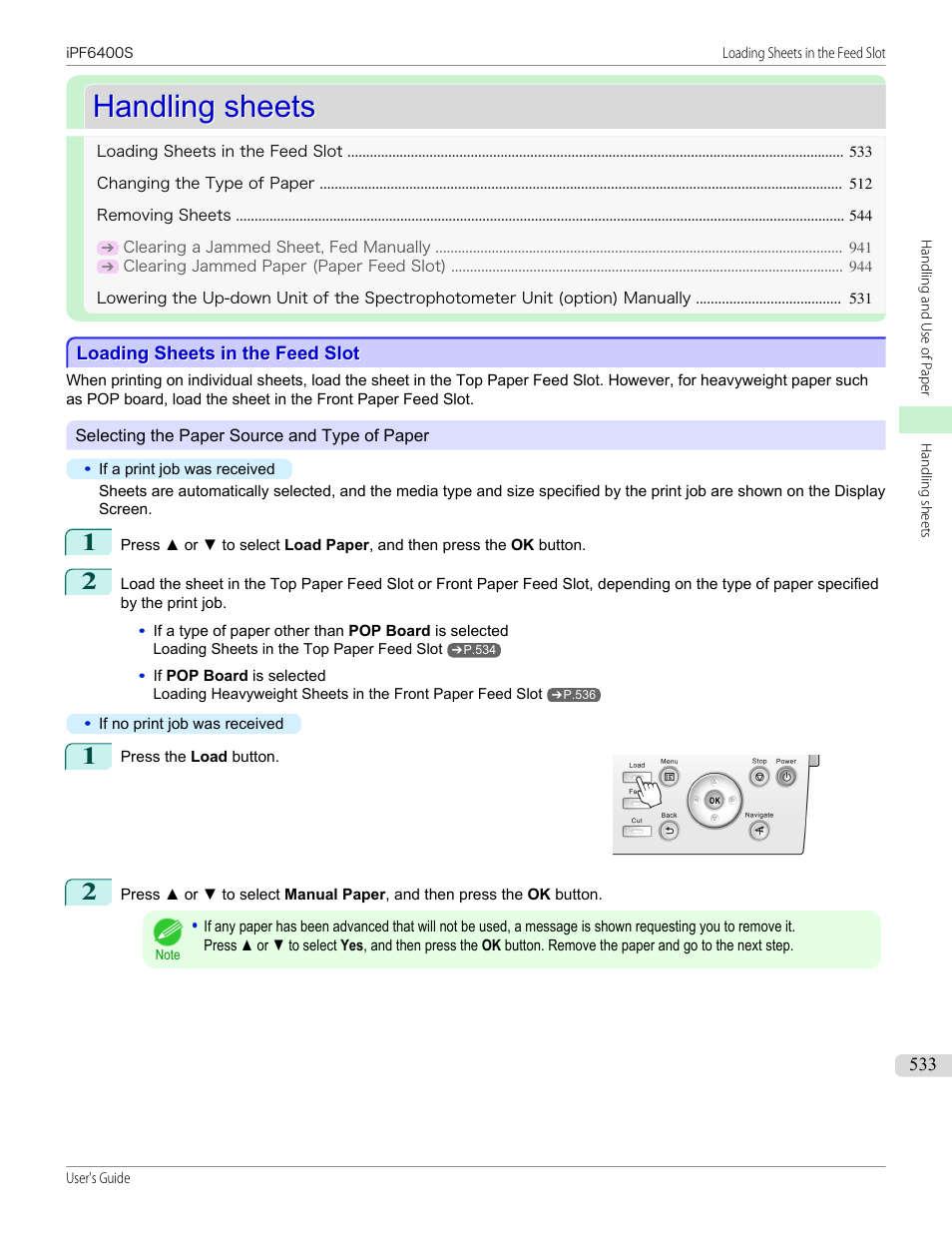 Handling sheets, Loading sheets in the feed slot, P.533 | Canon imagePROGRAF iPF6400S User Manual | Page 533 / 1022