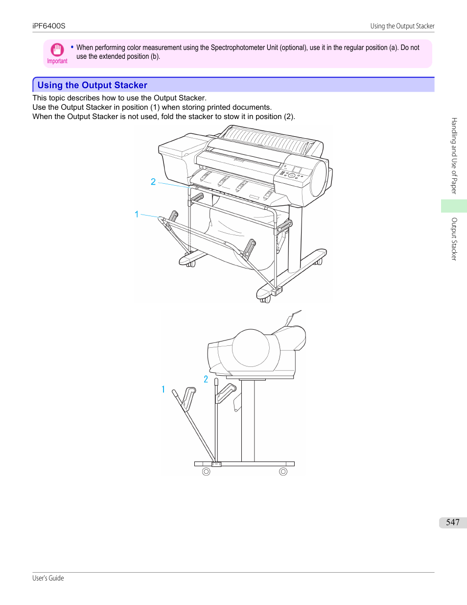 Using the output stacker, See "using the output stack- er, P.547 | Canon imagePROGRAF iPF6400S User Manual | Page 547 / 1022