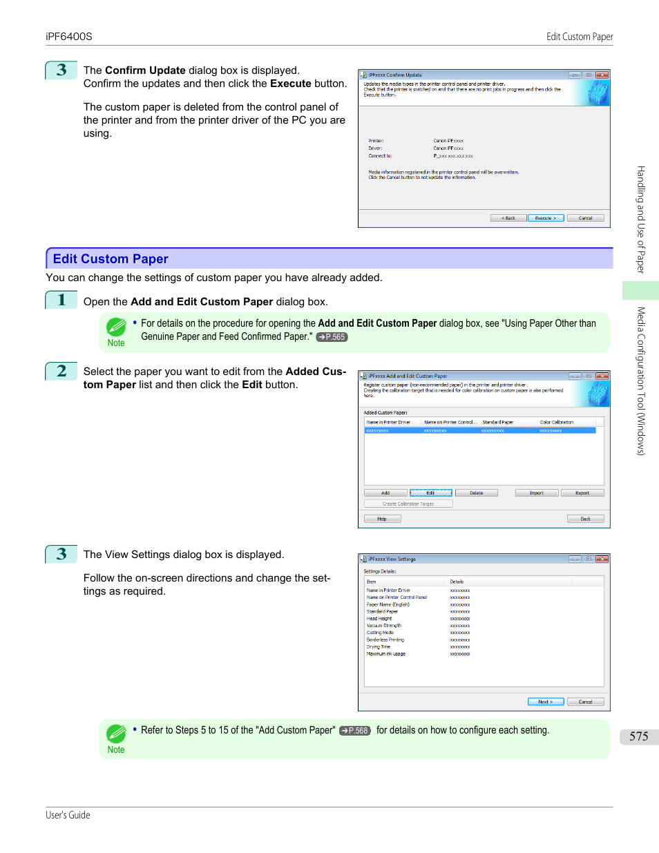 Edit custom paper, See "edit custom paper, P.575 | Canon imagePROGRAF iPF6400S User Manual | Page 575 / 1022