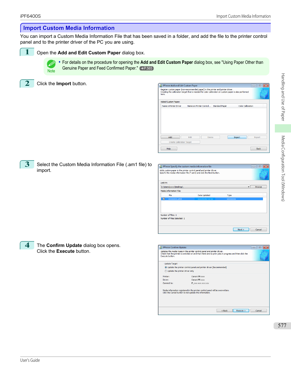 Import custom media information, P.577 | Canon imagePROGRAF iPF6400S User Manual | Page 577 / 1022