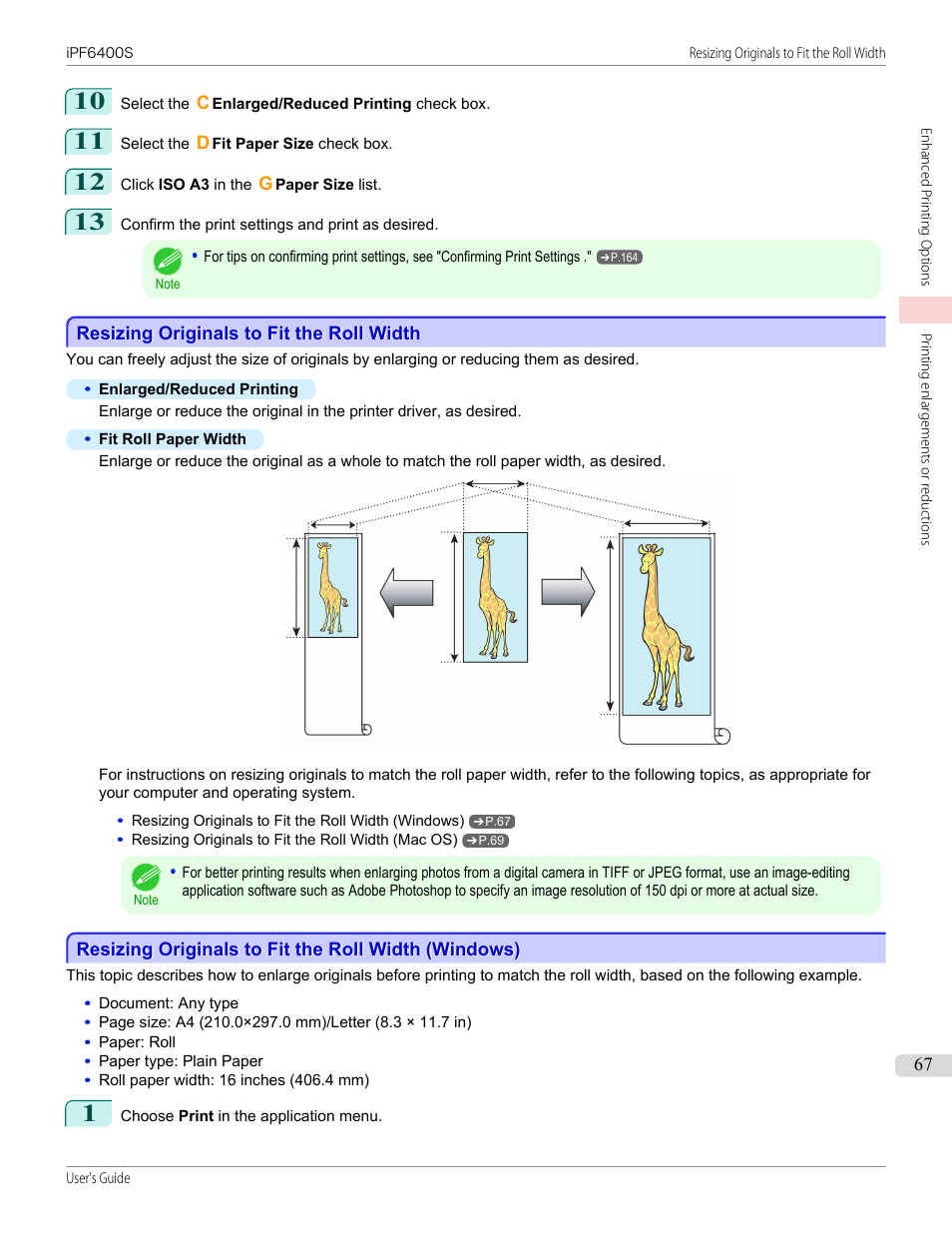 Resizing originals to fit the roll width, Resizing originals to fit the roll width (windows), See "resizing originals to fit the roll width.") | P.67 | Canon imagePROGRAF iPF6400S User Manual | Page 67 / 1022