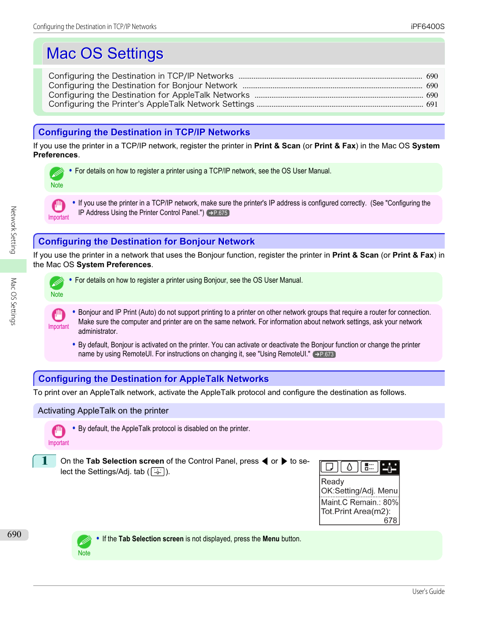 Mac os settings, Configuring the destination in tcp/ip networks, Configuring the destination for bonjour network | Configuring the destination for appletalk networks, P.690 | Canon imagePROGRAF iPF6400S User Manual | Page 690 / 1022