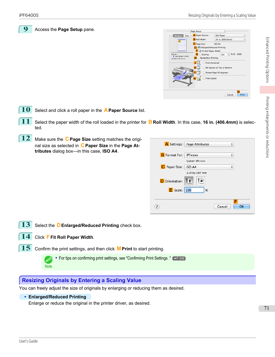 Resizing originals by entering a scaling value, P.71 | Canon imagePROGRAF iPF6400S User Manual | Page 71 / 1022
