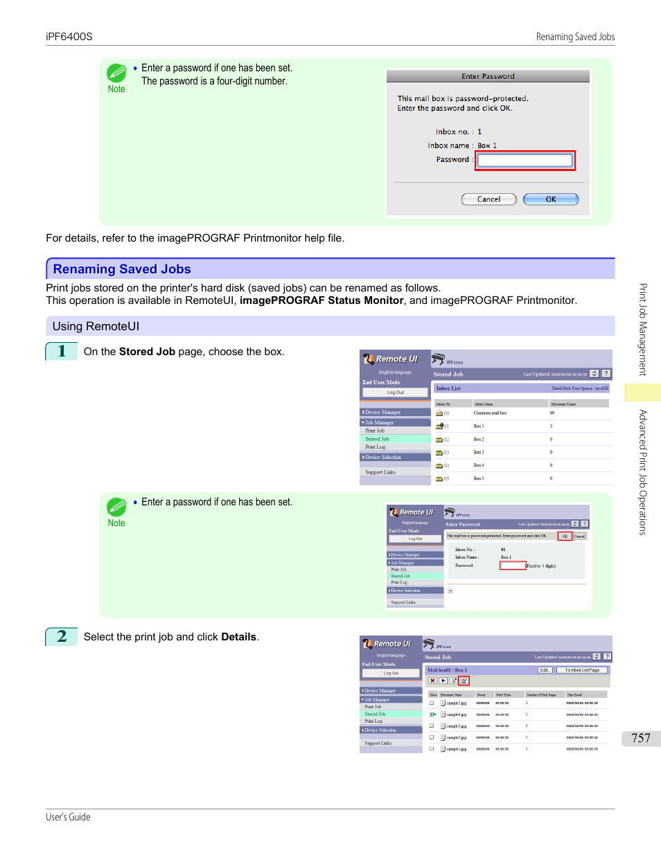 Renaming saved jobs | Canon imagePROGRAF iPF6400S User Manual | Page 757 / 1022