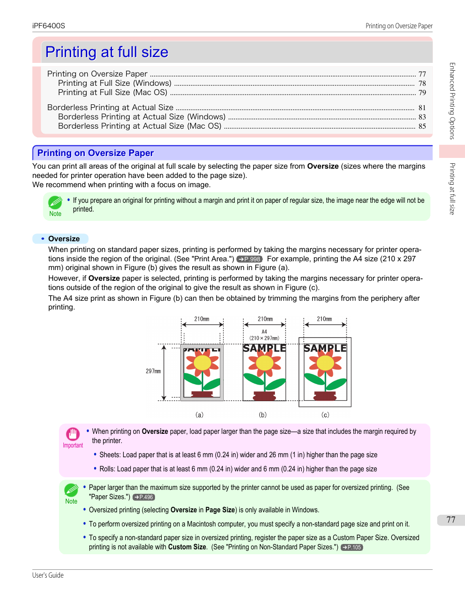 Printing at full size, Printing on oversize paper | Canon imagePROGRAF iPF6400S User Manual | Page 77 / 1022