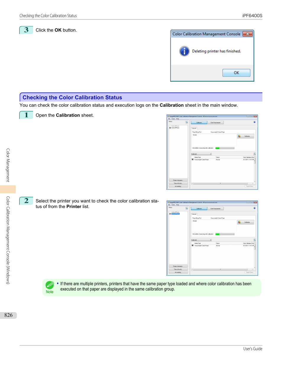 Checking the color calibration status, Checking the color calibration status (win- dows), P.826 | Canon imagePROGRAF iPF6400S User Manual | Page 826 / 1022