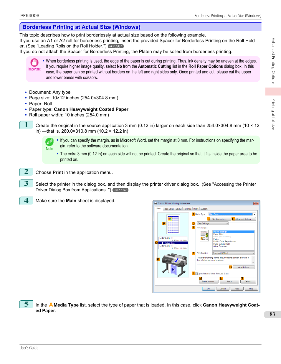 Borderless printing at actual size (windows), P.83 | Canon imagePROGRAF iPF6400S User Manual | Page 83 / 1022