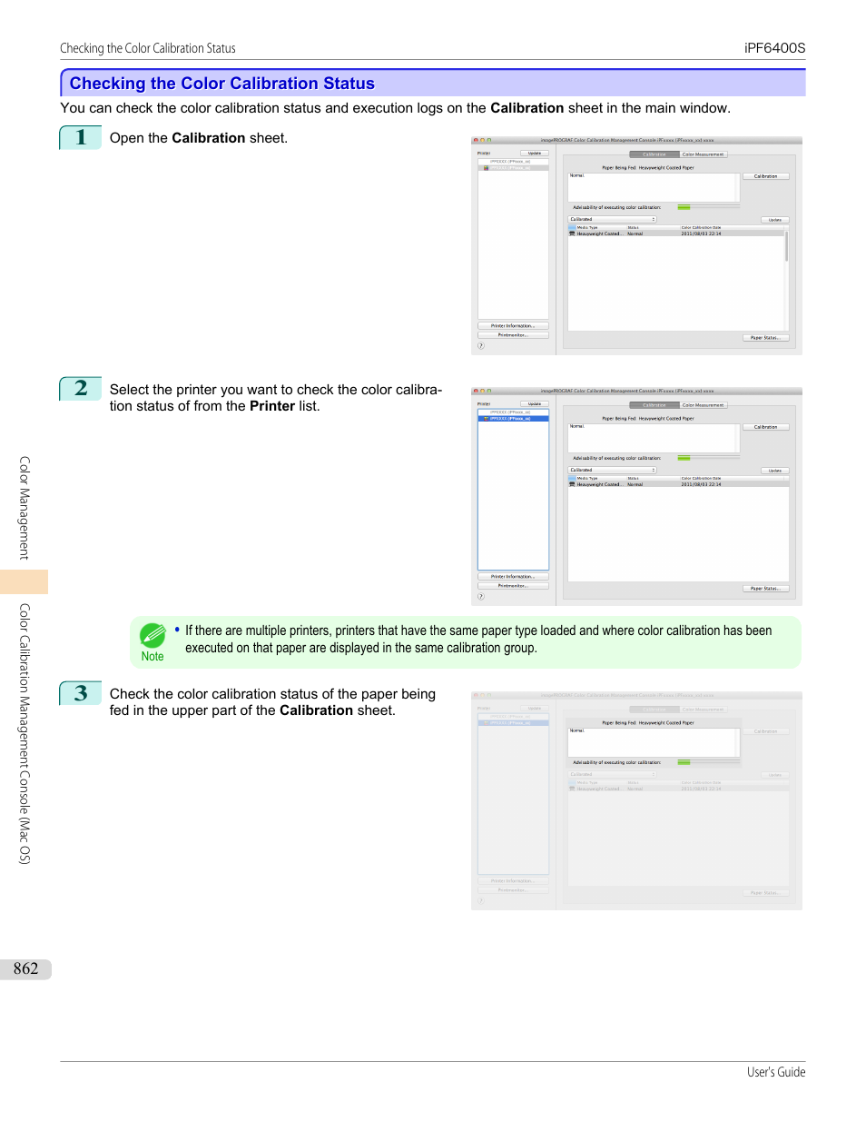 Checking the color calibration status, Checking the color calibration status (mac os), P.862 | Canon imagePROGRAF iPF6400S User Manual | Page 862 / 1022