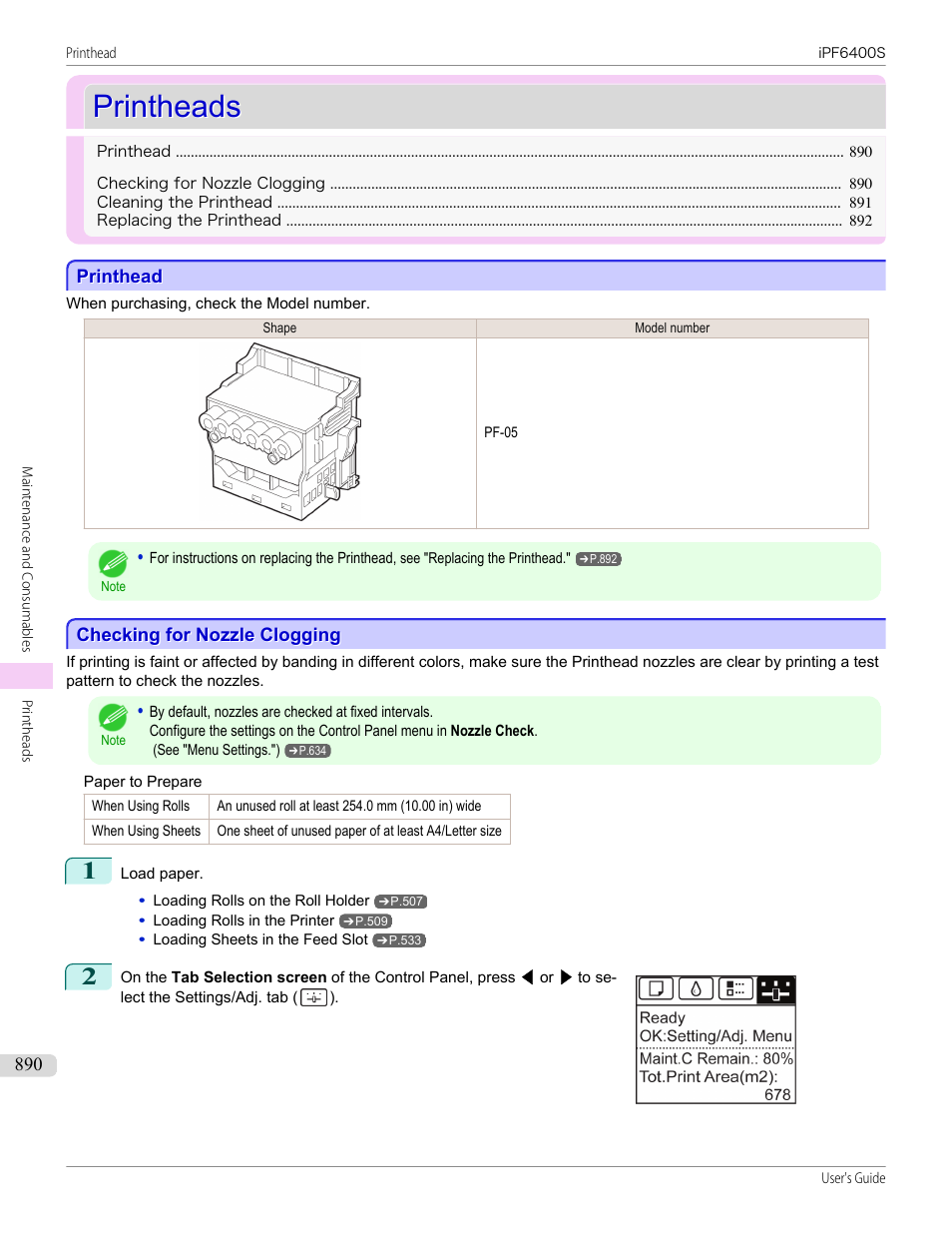 Printheads, Printhead, Checking for nozzle clogging | Printhead checking for nozzle clogging, P.890 | Canon imagePROGRAF iPF6400S User Manual | Page 890 / 1022