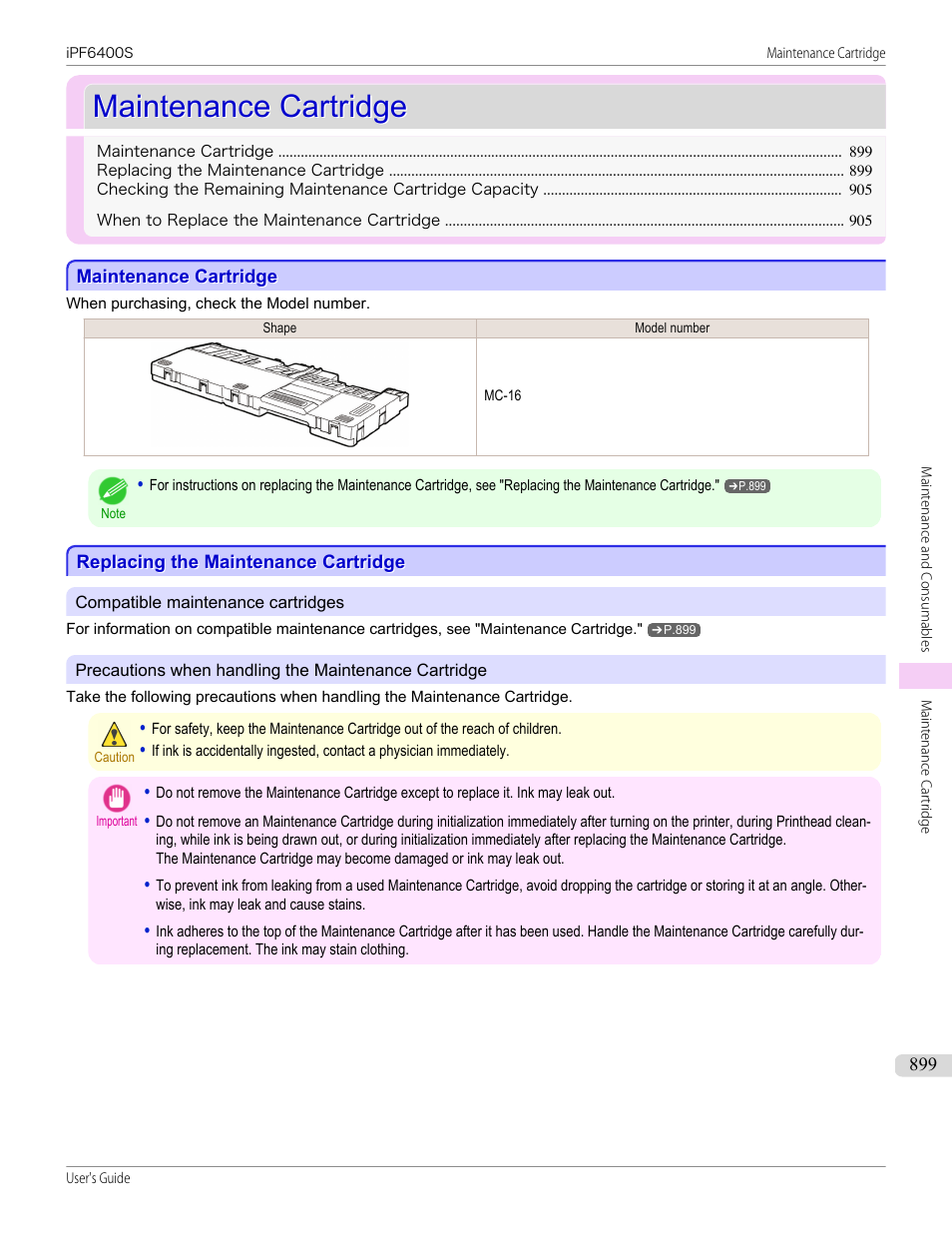 Maintenance cartridge, Replacing the maintenance cartridge, See "replacing the maintenance cartridge.") | P.899 | Canon imagePROGRAF iPF6400S User Manual | Page 899 / 1022